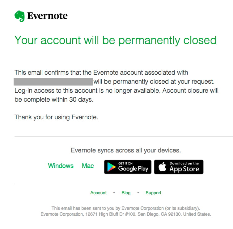 delete evernote account confirmation